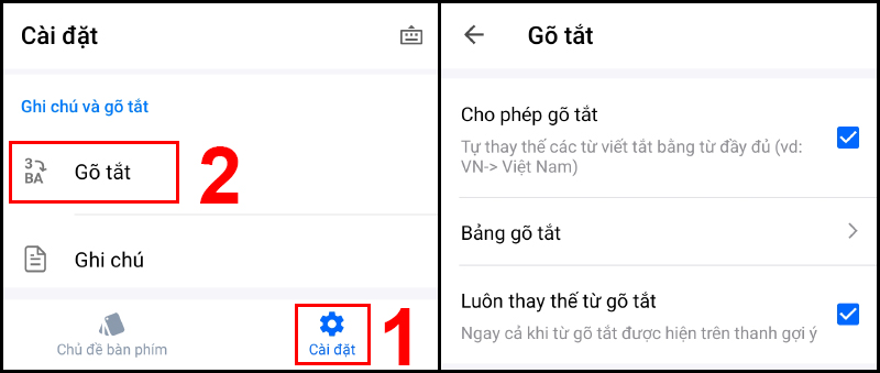 Giao diện tùy chỉnh Gõ tắt